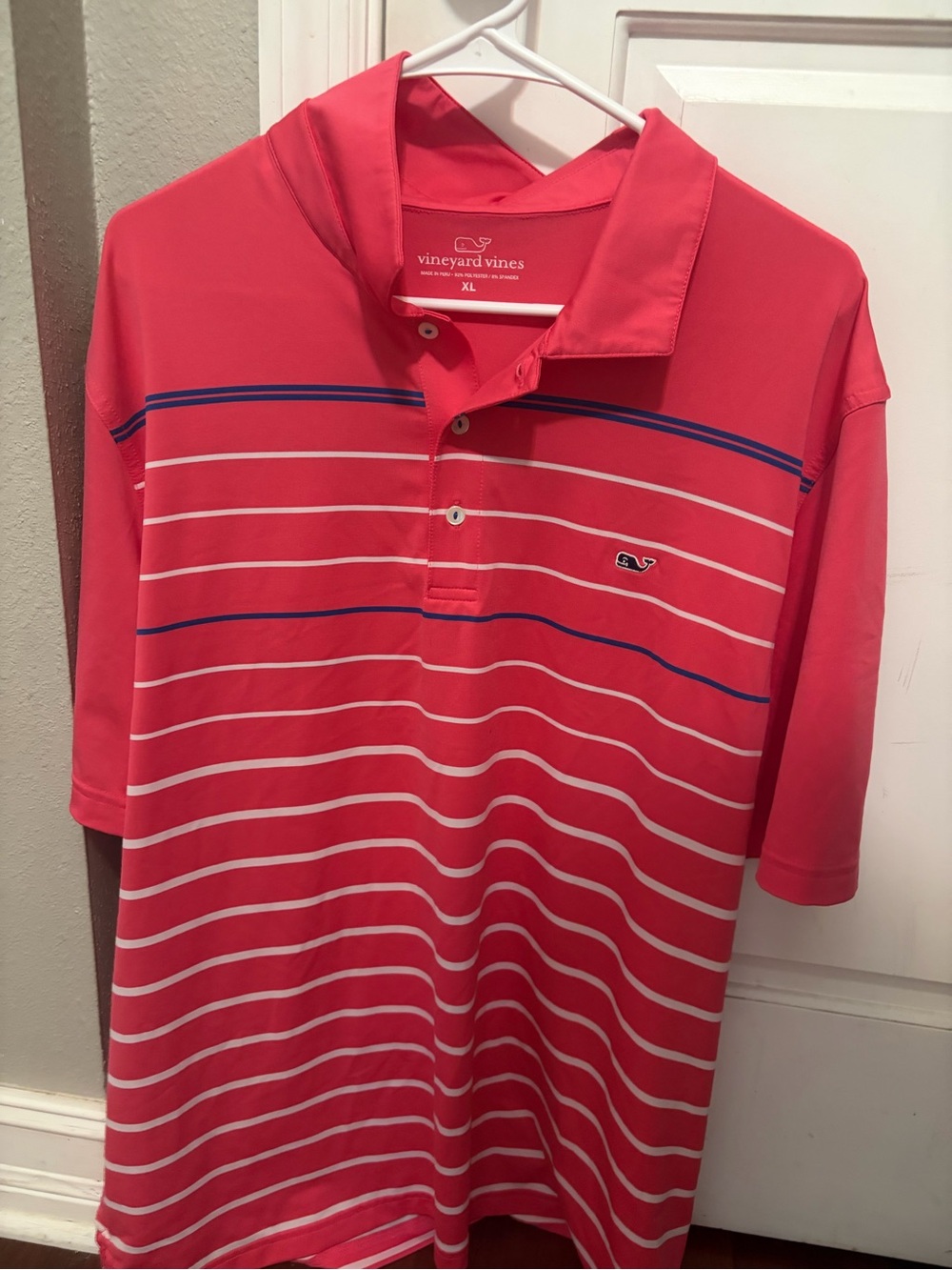 Vineyard Vines Coral Polo with White & Navy Stripes